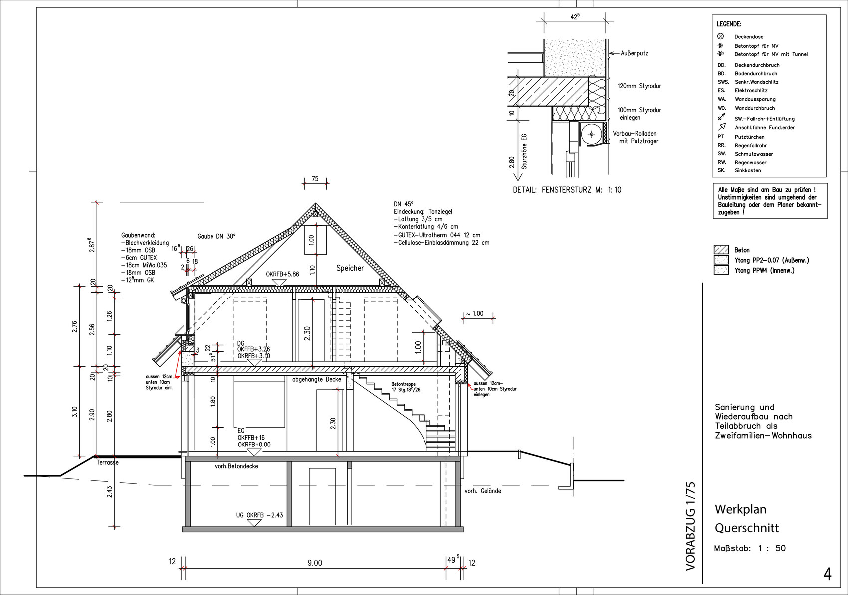 Cross-section of a house with basement, stairs, and roof structure, scale 1:50.