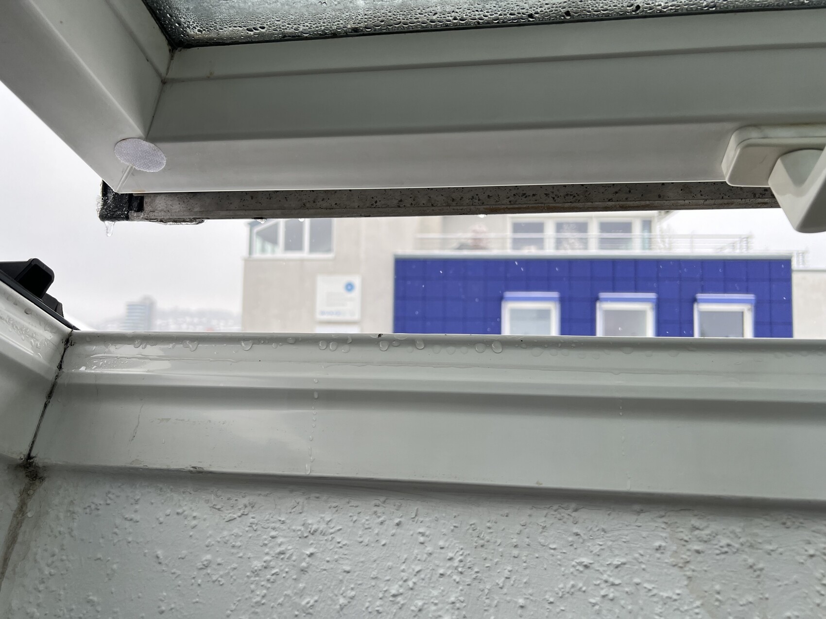 Open metal window with water droplets; view of blue building outside.