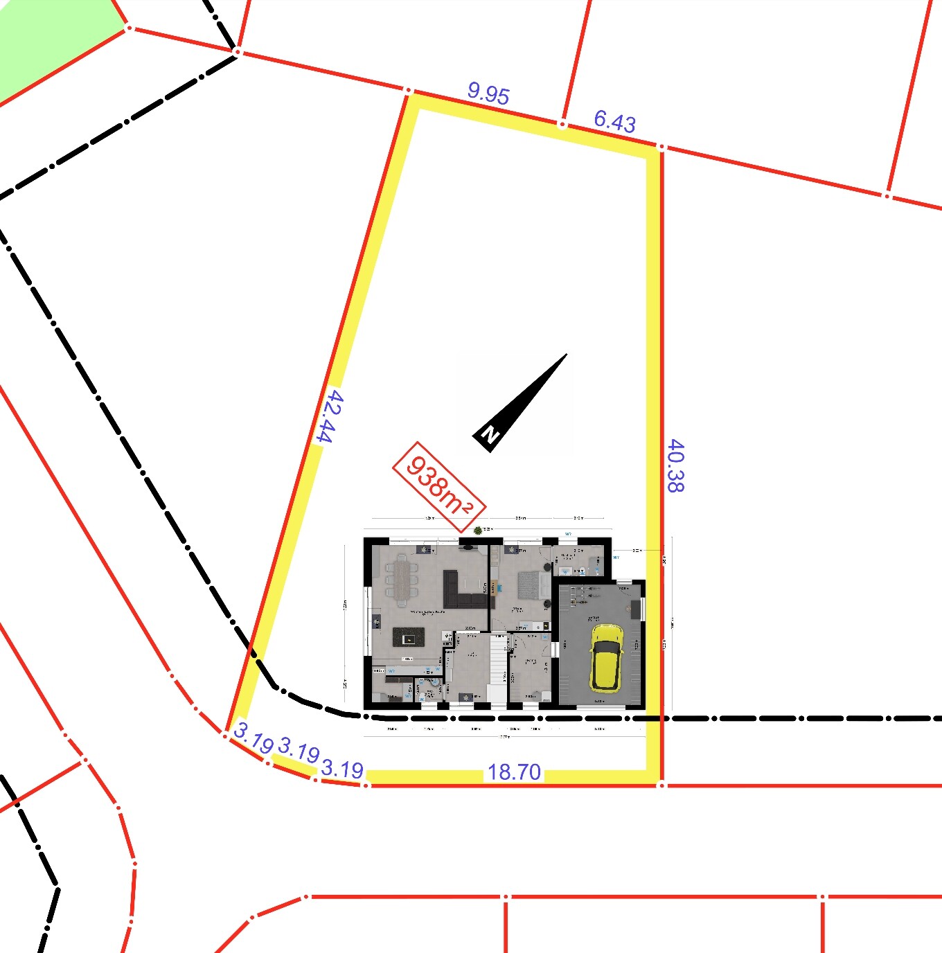 Site plan with building footprint, boundary lines and dimensions