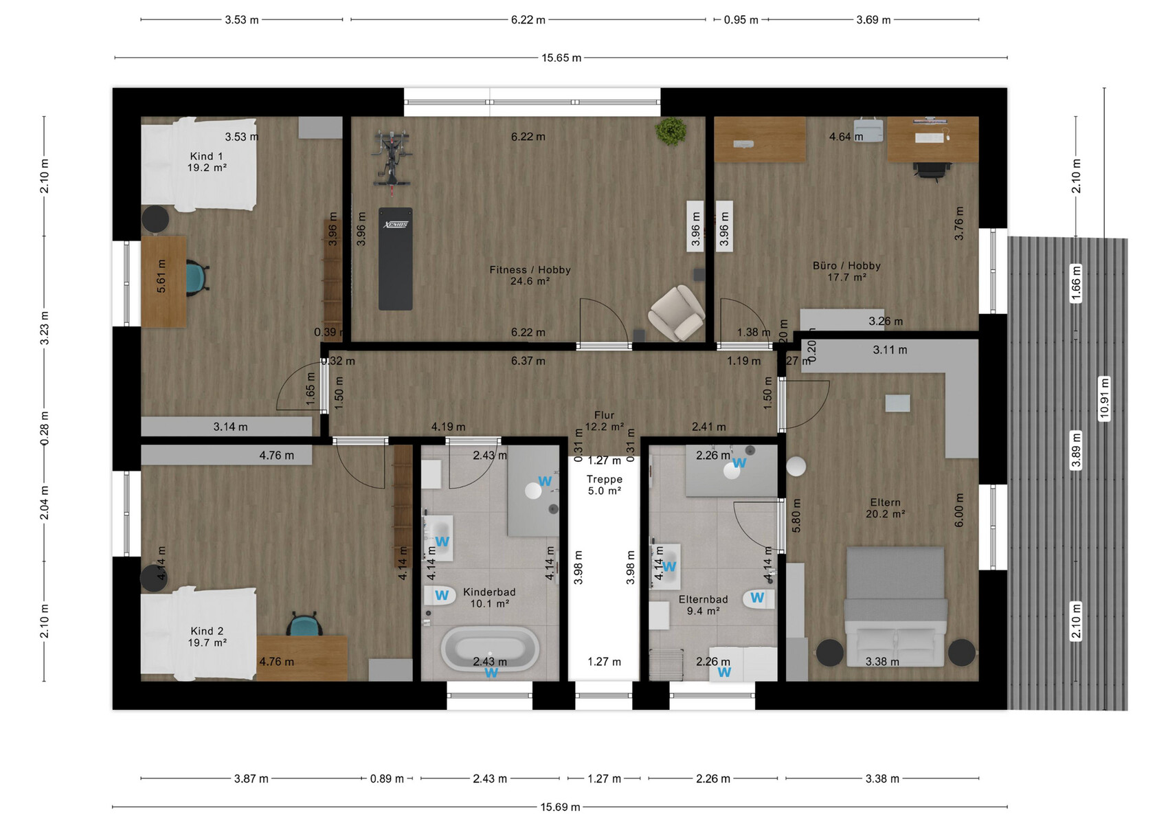 Detailed 2D floor plan of a family house with bedrooms, bathroom and corridor.
