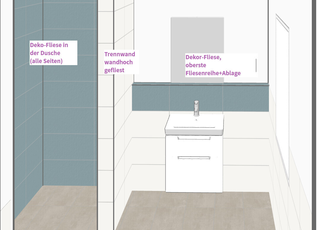 Bathroom: shower on the left with blue tiles, tiled dividing wall, white vanity unit.