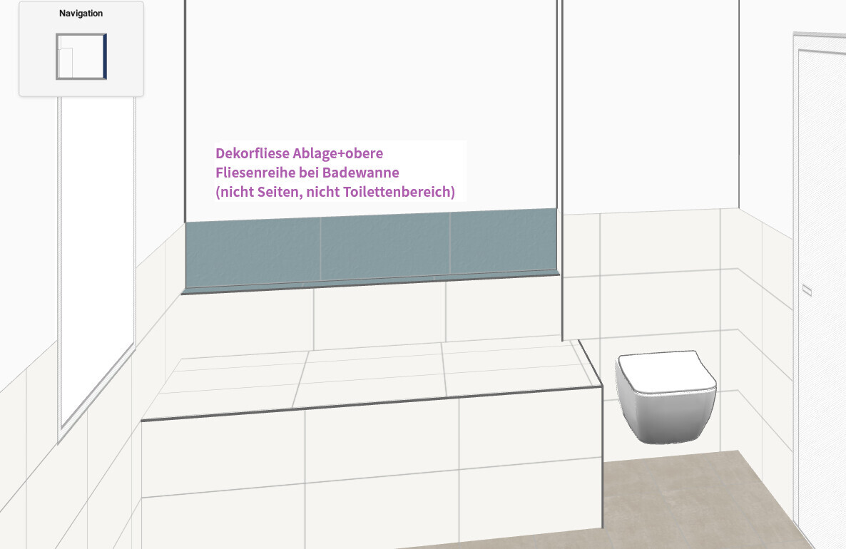 Bathroom sketch: bathtub with a row of tiles above it, toilet on the right.