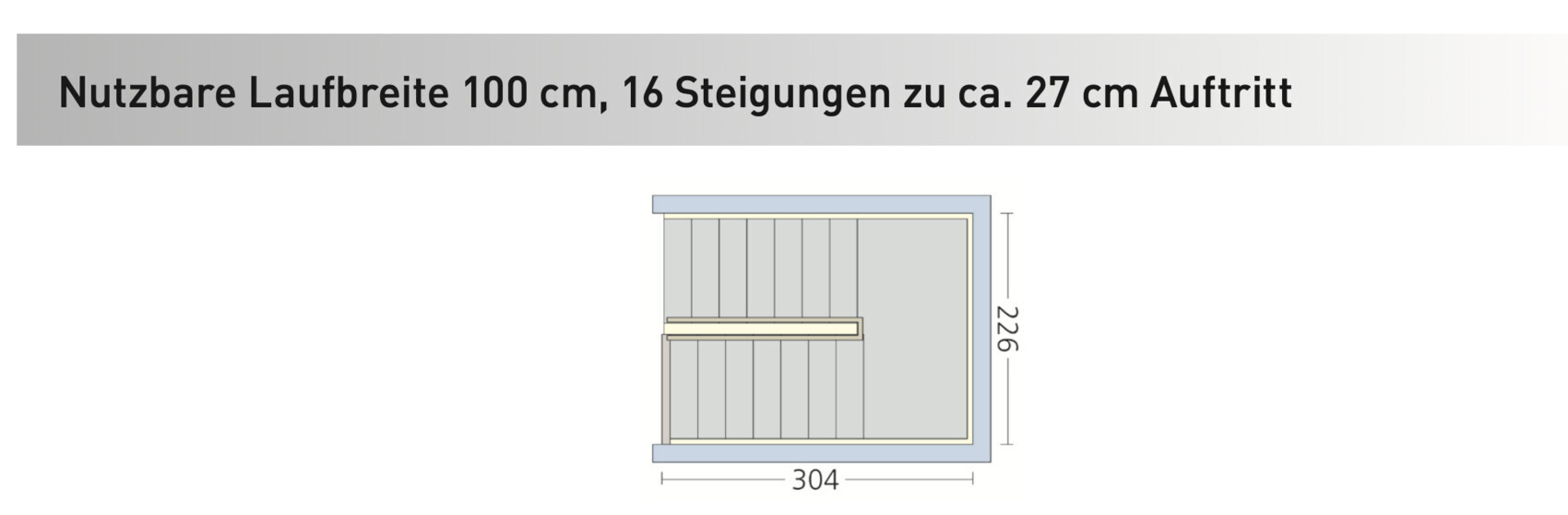 Technical drawing of a staircase: 16 steps, approx. 27 cm (11 inches) tread depth, usable width 100 cm (39 inches).