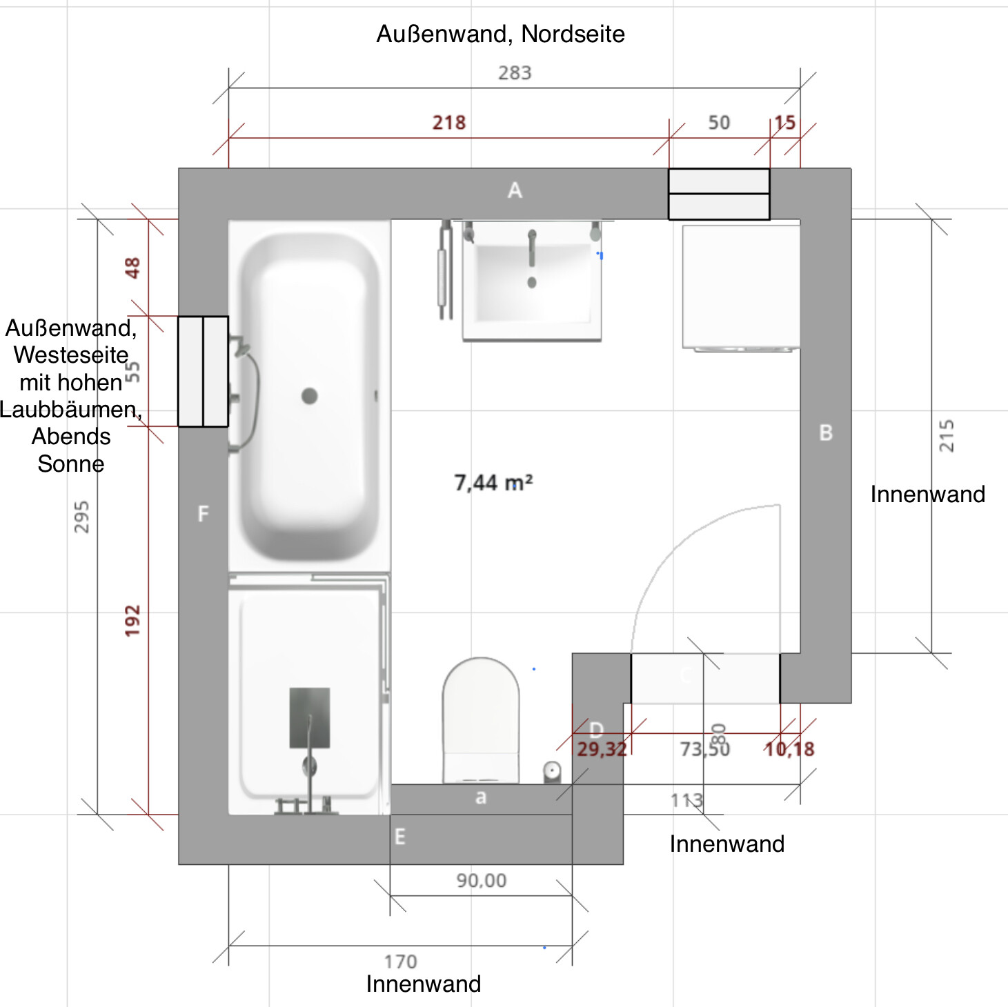 Bathroom floor plan: Bathtub left, washbasin top center, toilet bottom
