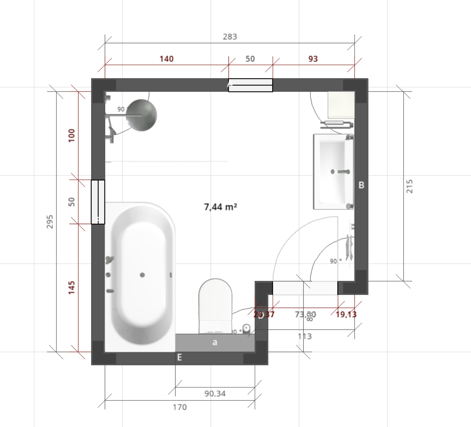 Floor plan: Bathroom with bathtub on the left, toilet, washbasin on the right, door opening.