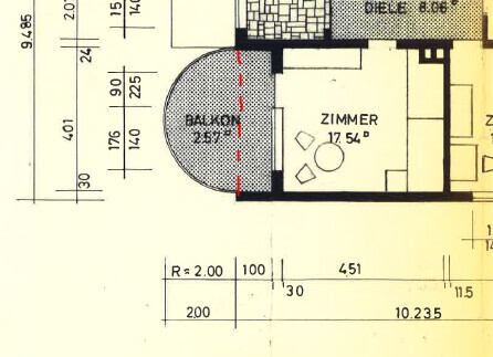 2D Grundrissplan mit Balkon und Zimmer auf Planzeichnung