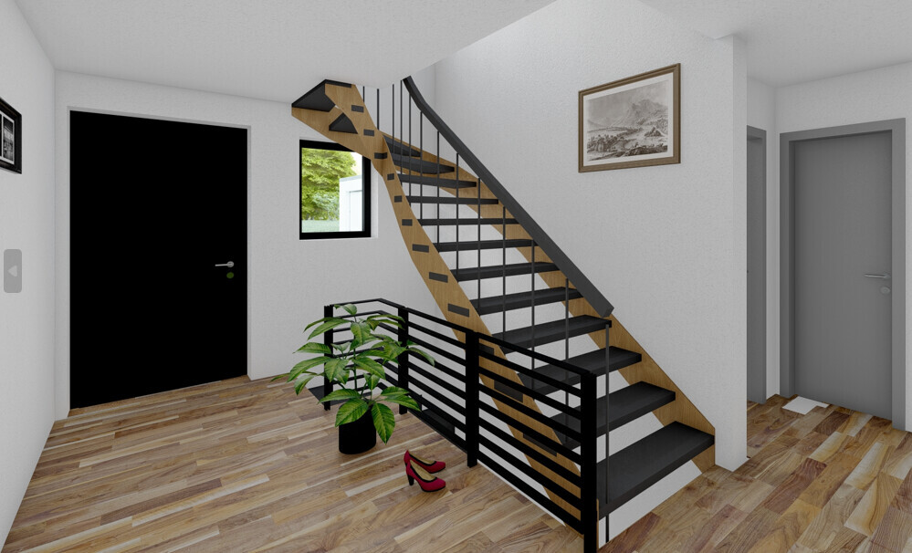 Bright hallway with wooden staircase and black metal railing, window, plant, and red shoes.