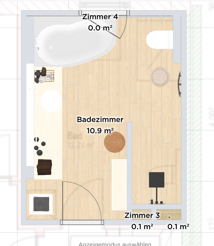 Badezimmer-Grundriss: Badewanne links, Waschbereich links, runder Teppich in Mitte, Holzfußboden.