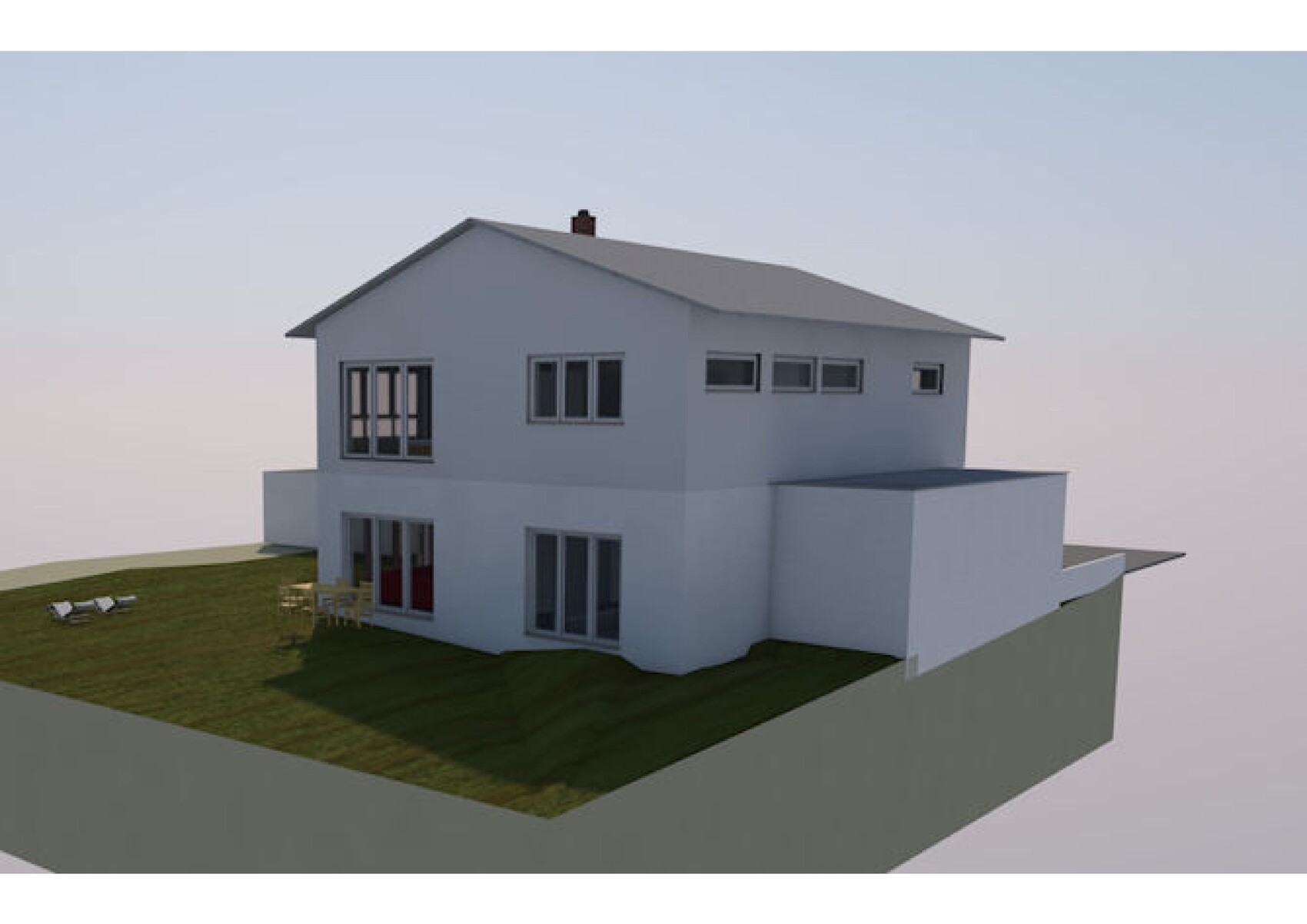 Moderne weiĂe 3D-Hausaussenansicht mit Terrasse und Garten