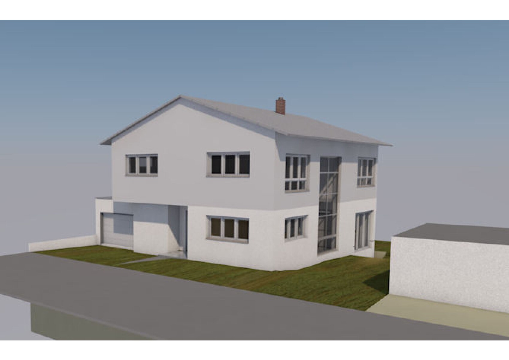 Moderne weiĂe zweistöckige Villa mit grauem Dach, groĂen Fenstern und Garage.