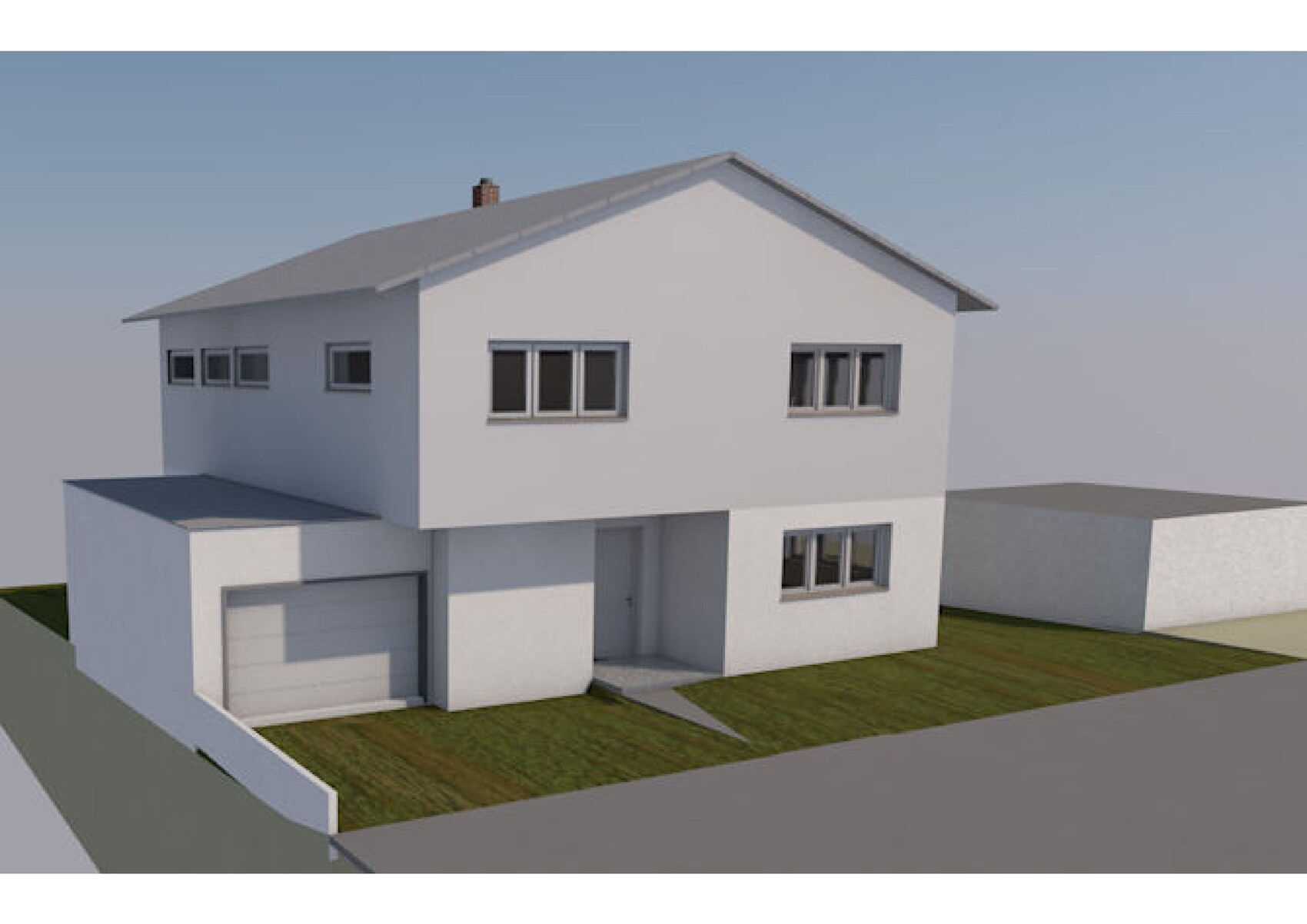 Architekturrender eines modernen, zweistöckigen Hauses mit Garage und grĂŒnem Vorgarten.