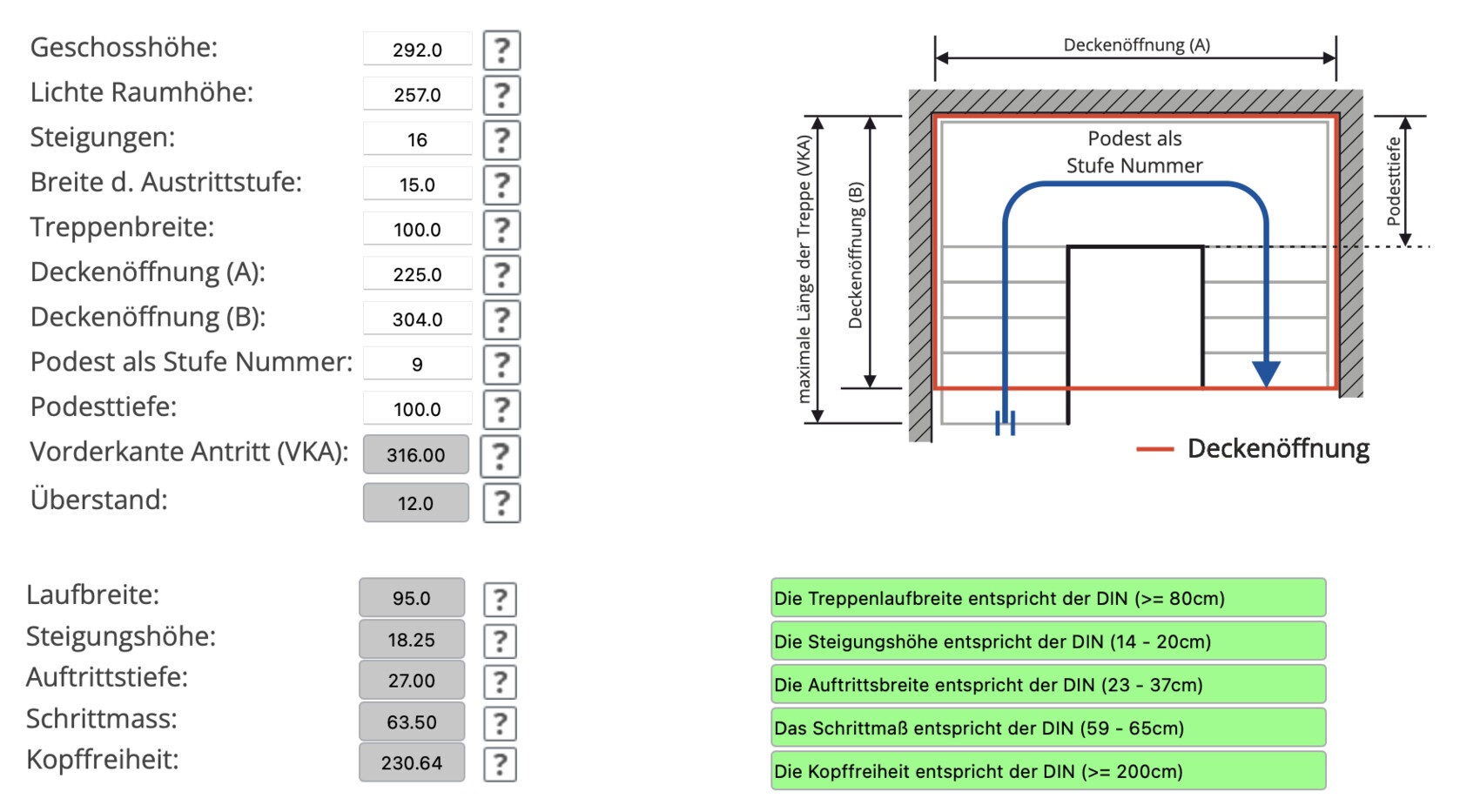 Illustration of a staircase floor plan with measurements, landing, and tread depth.