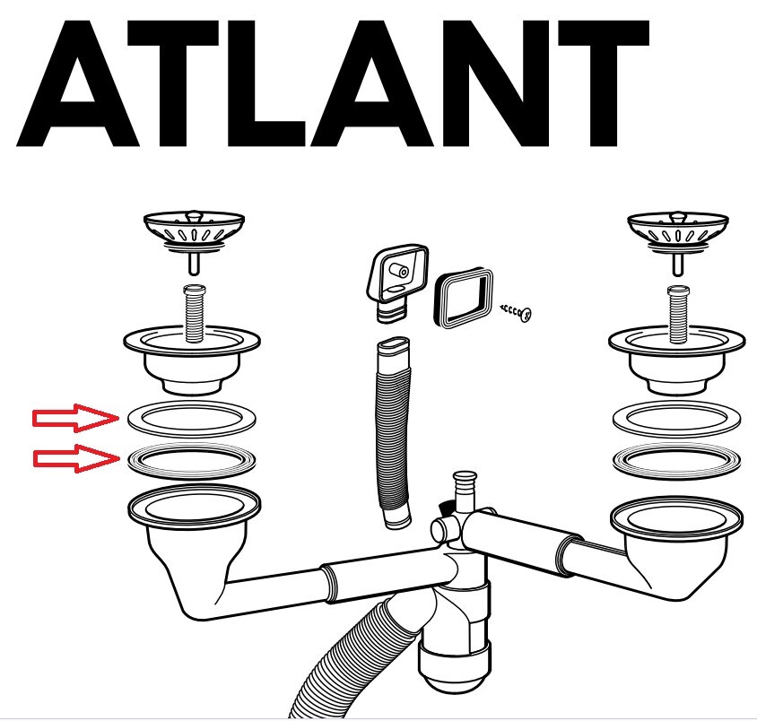 Exploded drawing of a sanitary drain with seals under the sink.