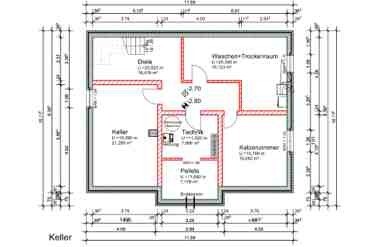 2D floor plan of a house basement with rooms and measurements.