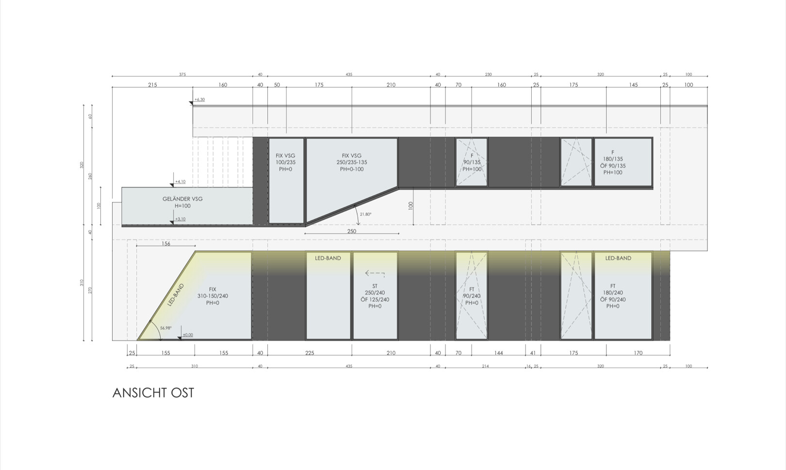 EAST ELEVATION: Technical drawing of an interior façade with glass railings and LED strips