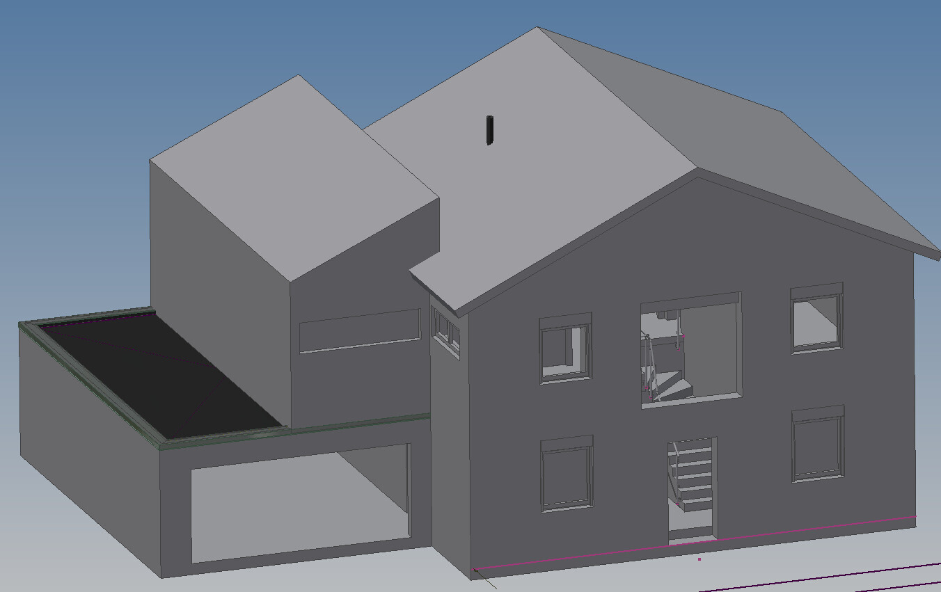 3D house model: two-story residential building with garage and roof, exterior view