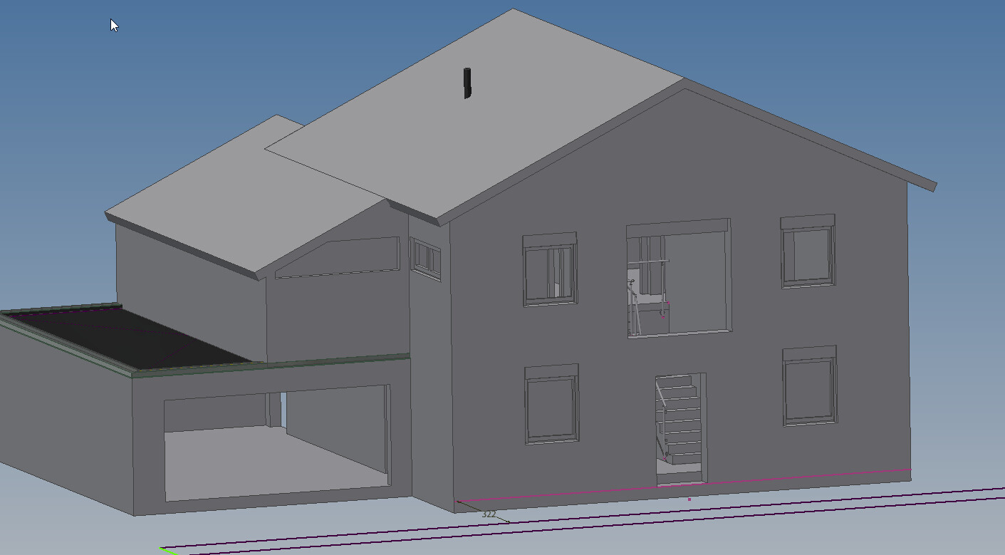 Exterior view of a modern 3D house model with garage