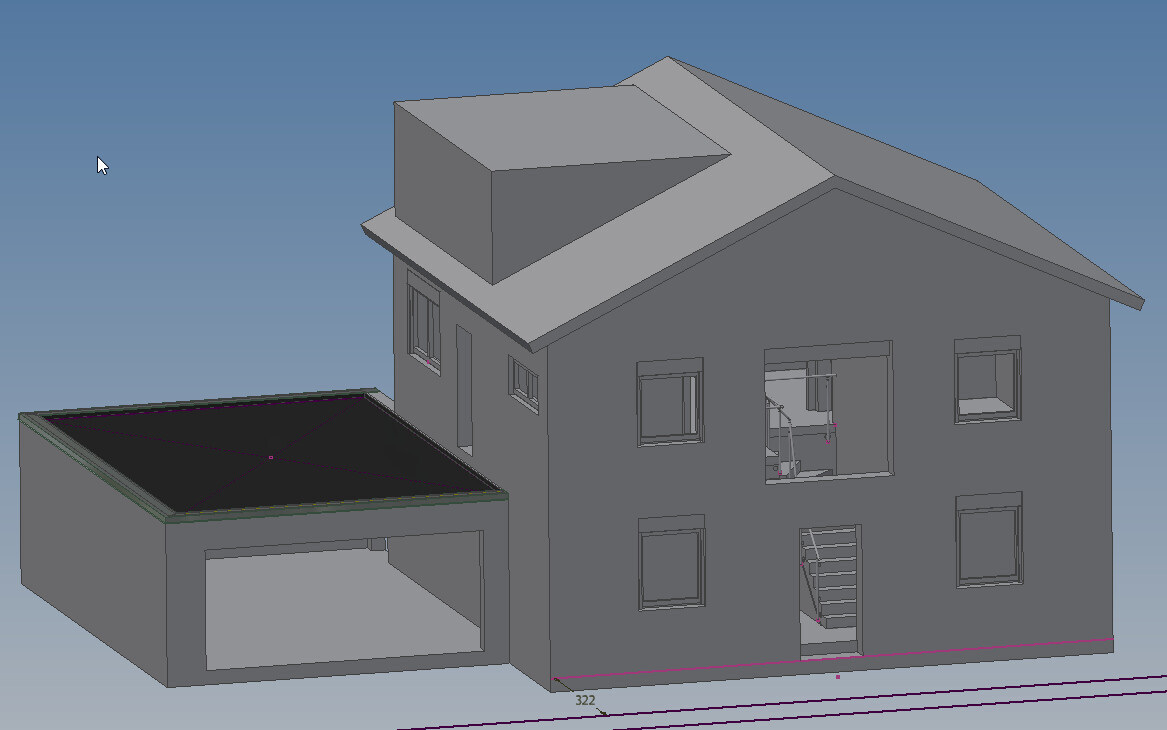 3D visualization of a two-story house with garage and visible staircase.