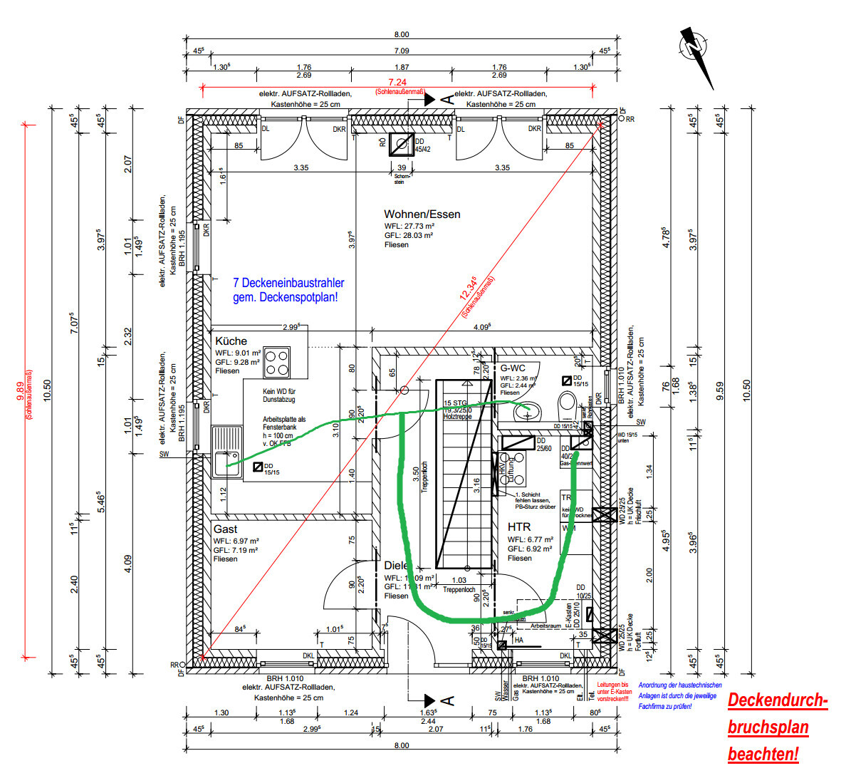 2D floor plan of a house with living area, kitchen, hallway, and stairs
