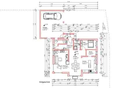 Floor plan of a single-family house with garage, entrance area, and ground floor