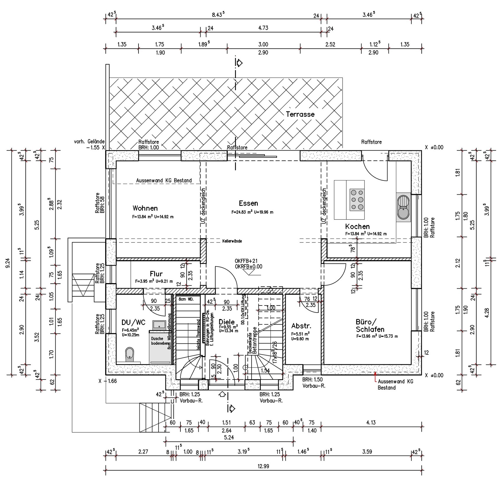 Floor plan of a house: terrace, living, dining, kitchen, office/bedroom, hallway, foyer, shower/toilet.