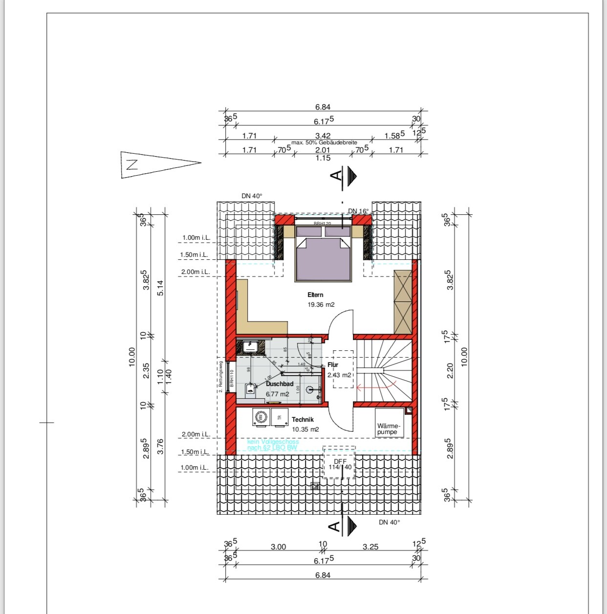 Floor plan of a house with master bedroom, hallway, bathroom, utility room, stairs, and red exterior walls.