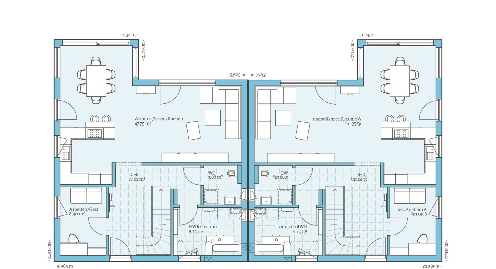 Semi-detached house floor plan: two identical apartments with living room, kitchen, dining area, hallway, toilet.