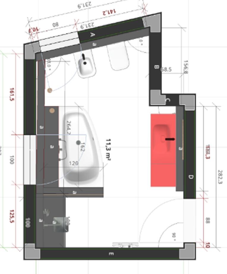 Floor plan of a bathroom: bathtub on the left, sink in the middle, red cabinet on the right.