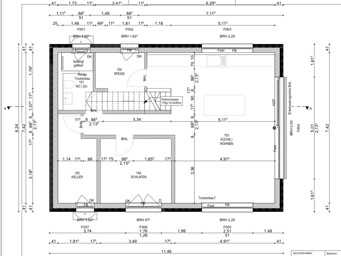 Floor plan of a house: kitchen/living, sleeping, basement, pantry and stairs.