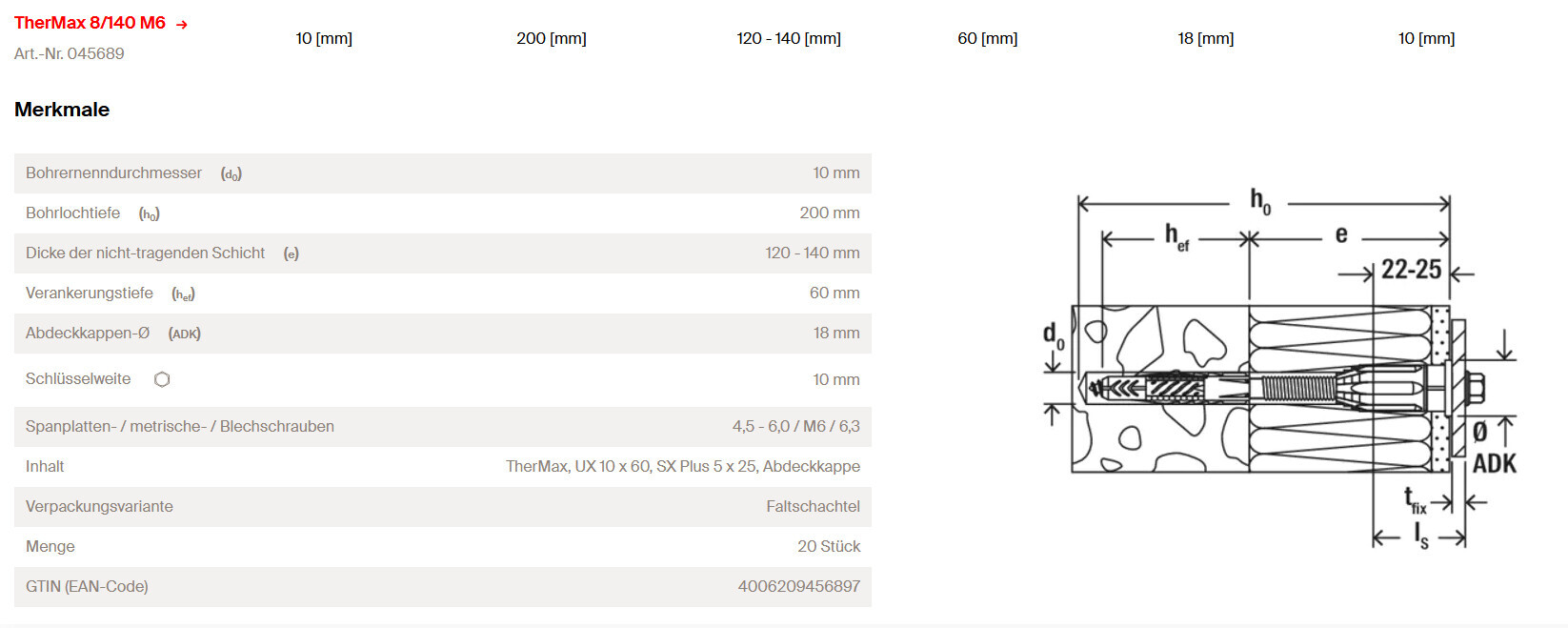 Technical drawing of a TherMax 8/140 M6 dowel with dimensions (mm)