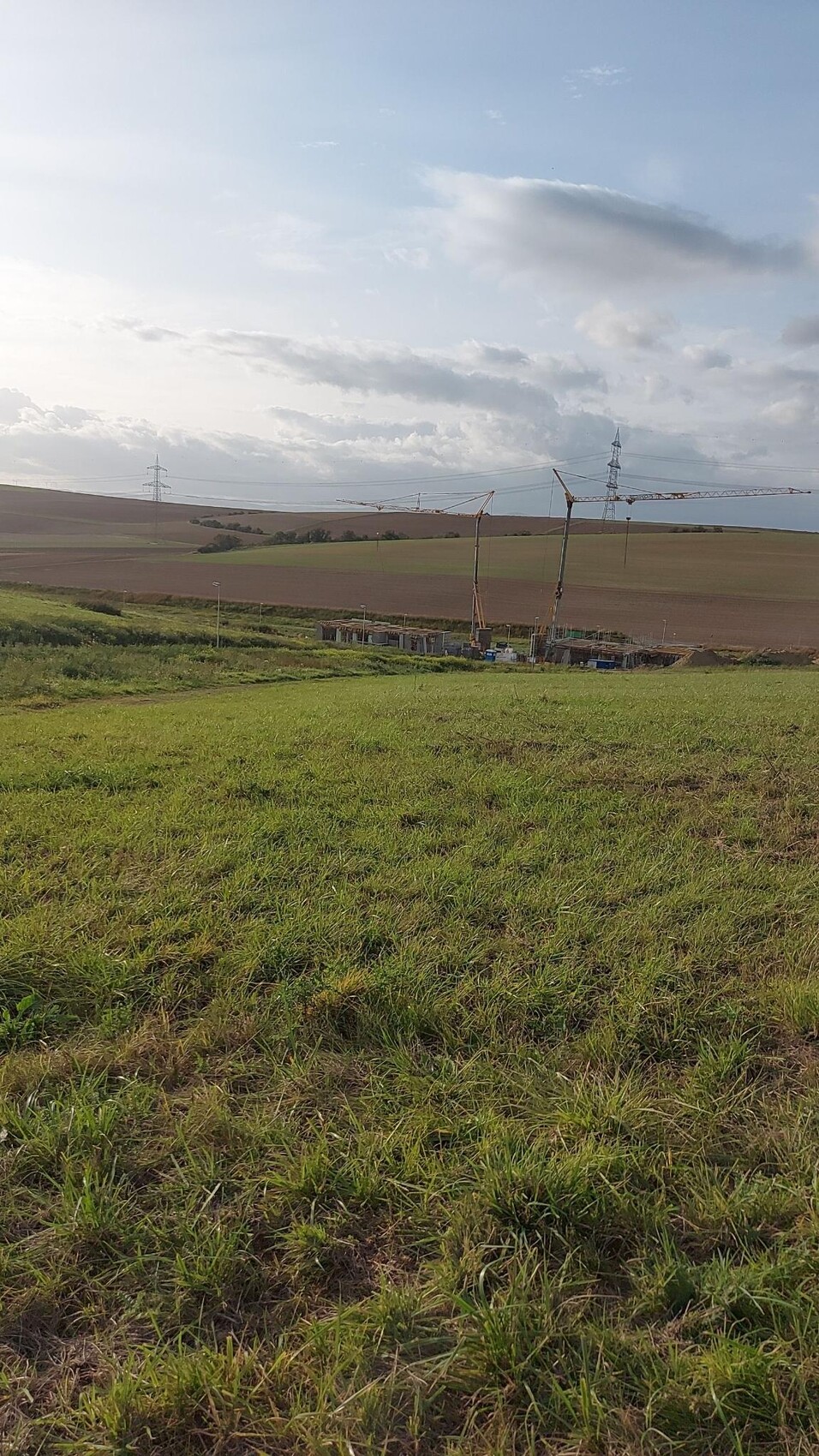 Green field in the foreground, cranes and construction equipment at the building site, distant power poles and sky.