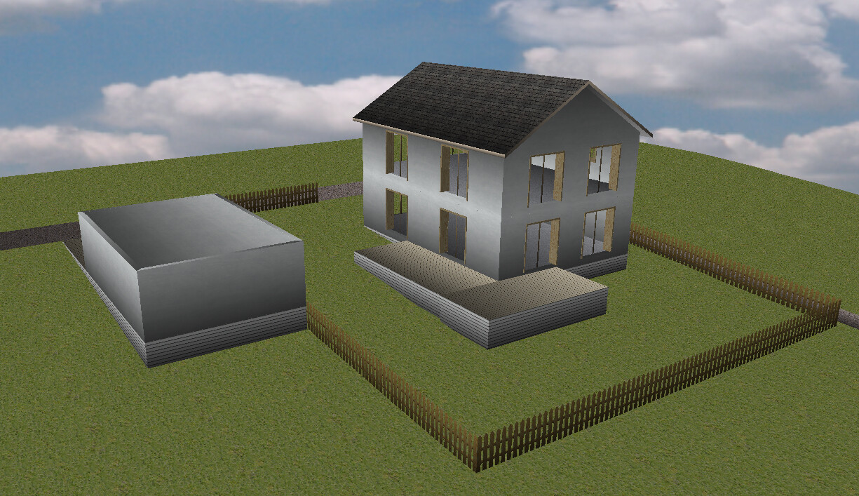 3D-Hausmodell mit Garten, Zaun und Terrasse auf grünem Grundstück