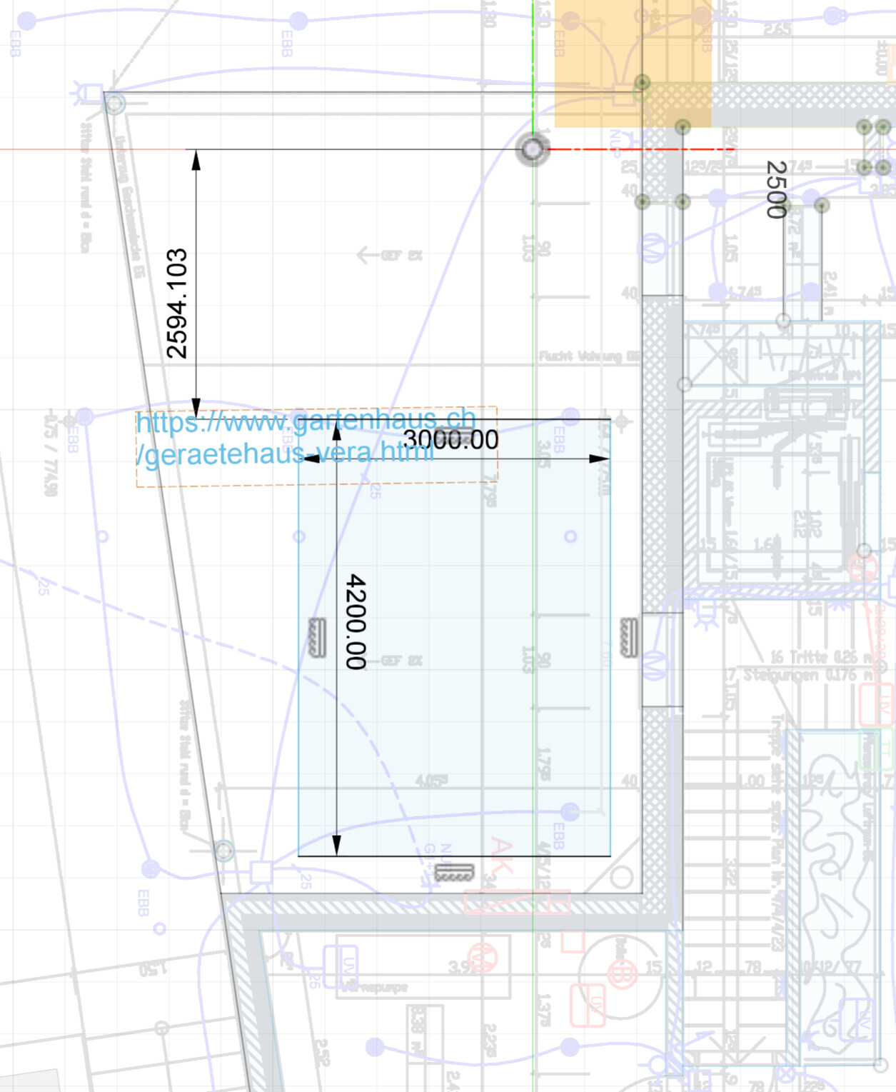 Schematic construction plan of a garden shed with dimensions 3000 x 4200 mm and outline lines.