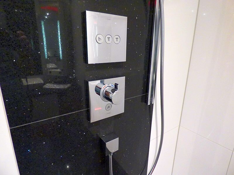 Modern bathroom fitting with shower control on black wall panel in bathroom.