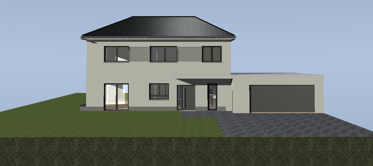 Two-story modern house with gray facade, dark windows, garage and driveway.