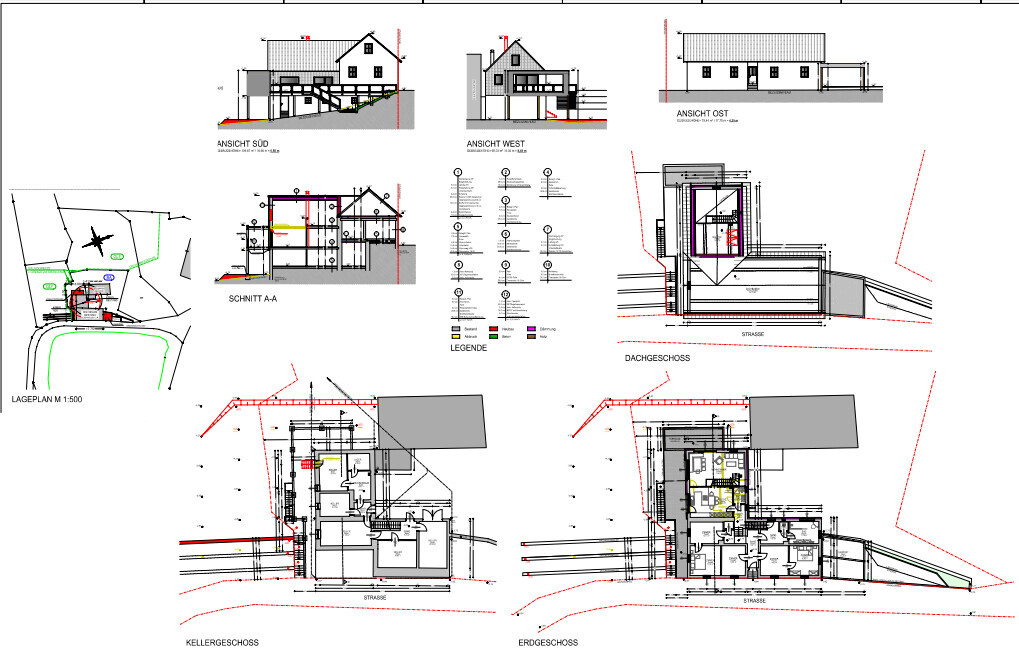 Architectural plans of a house: floor plans, sections, and elevations (south/west/east) including site plan.
