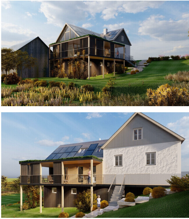 Two-part house with wood and plaster facade, solar panels, terrace, and garden.