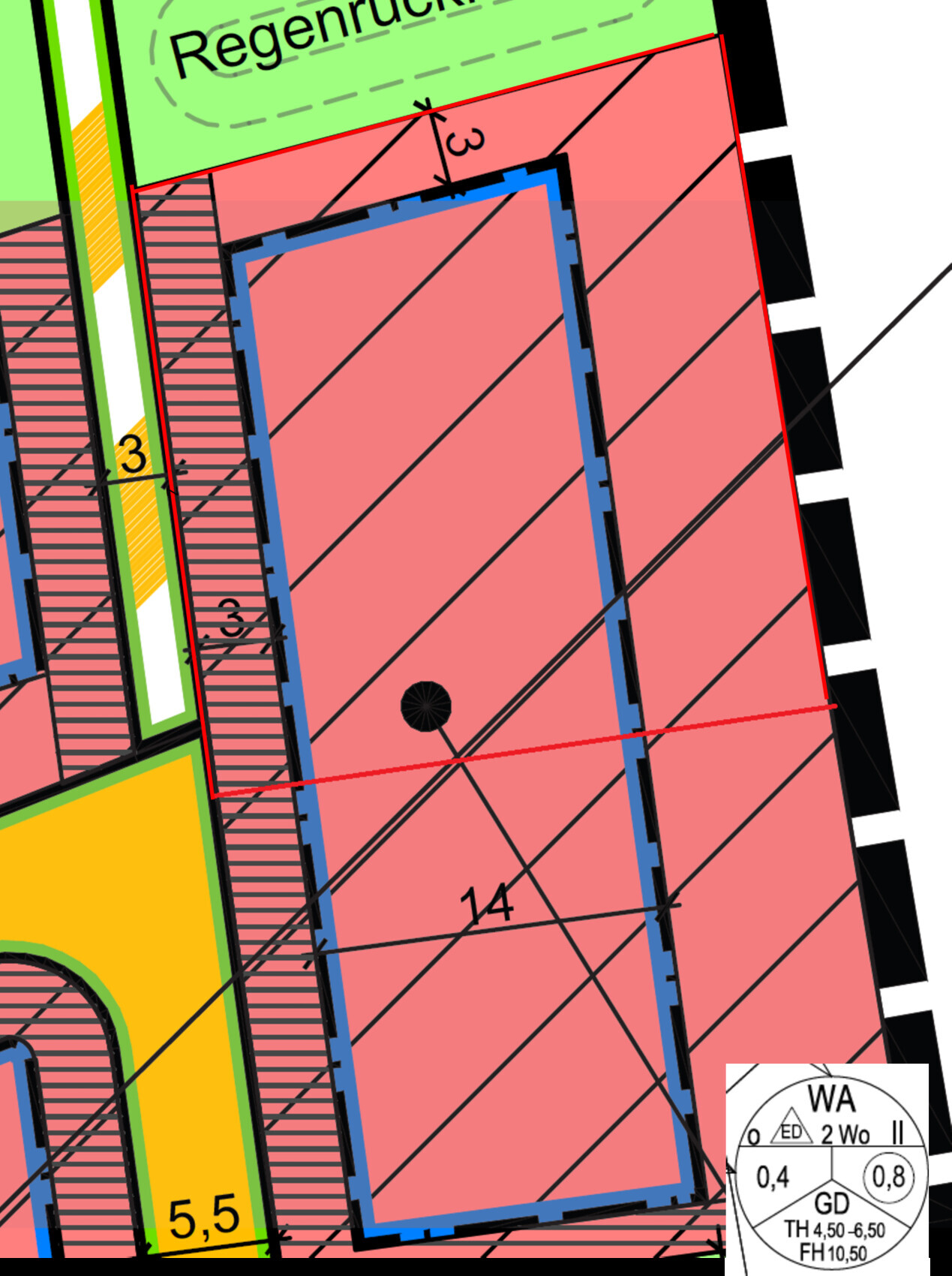 Technical building plan/floor plan with colored areas, lines, dimensions and labels.