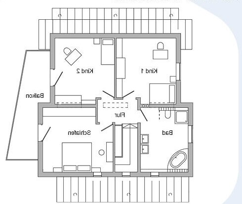 Floor plan of a house with bedroom, bathroom, and balcony