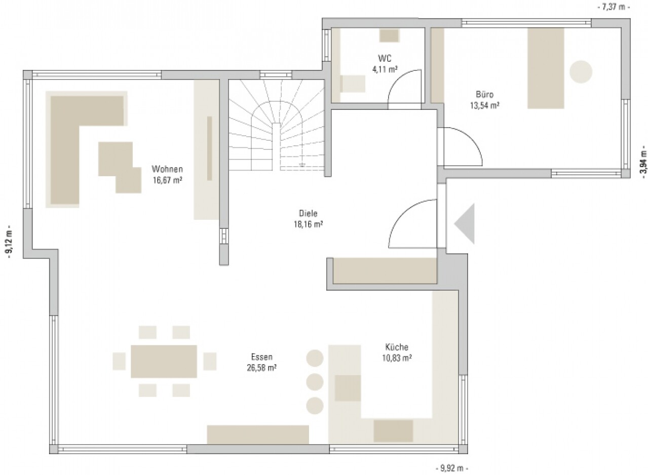 Floor plan of a living area: living room on the left, dining area/kitchen at the bottom, hallway in the center, office on the right.