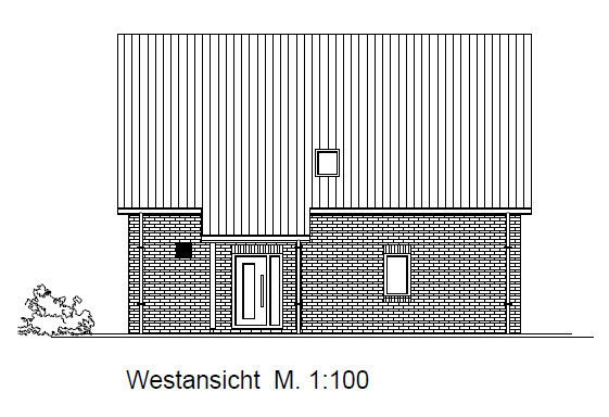 West view of a house with brick wall, central door, windows on left and right, bush on the left, metal roof.