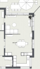 2D Grundriss eines Hauses mit offener Küche, Essbereich und Wohnzimmer