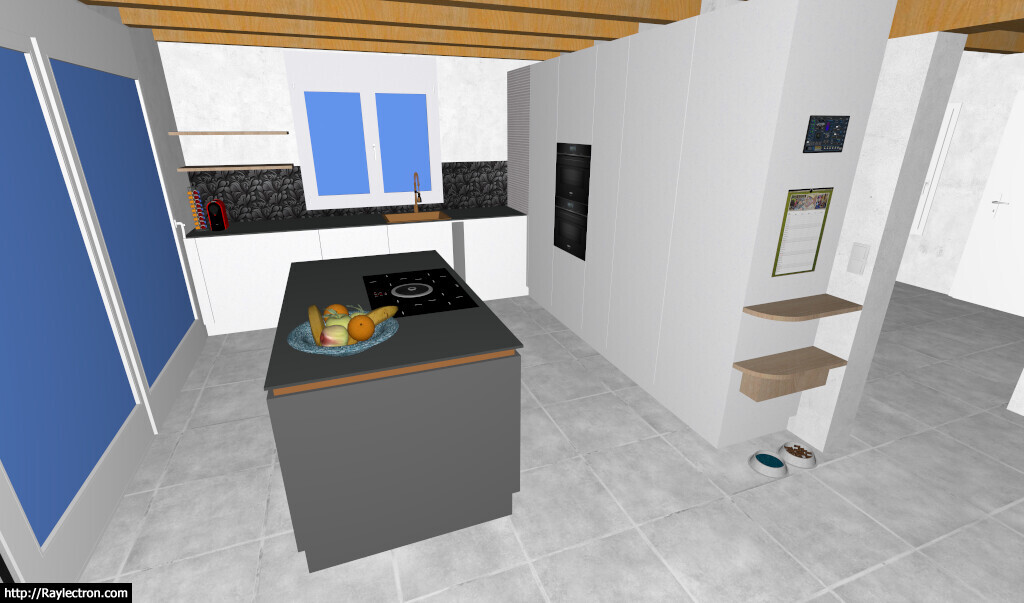 Modern kitchen with island, gray cabinets, oven wall, sink, fruit basket, and two blue windows.