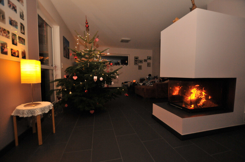 Cozy living room with decorated Christmas tree and burning stove.