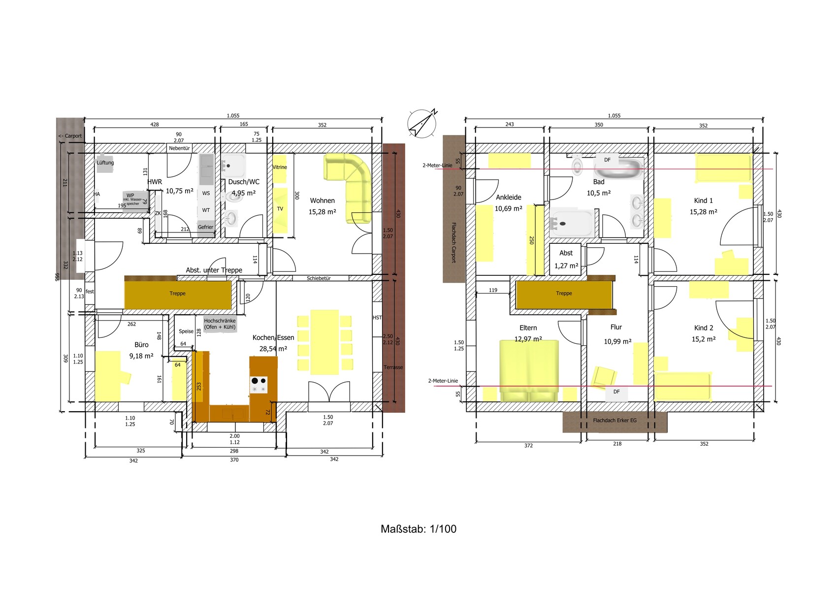 Two-story floor plan of a house with kitchen, dining area, living room, and stairs