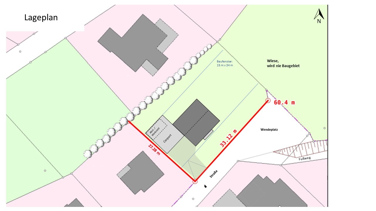 Site plan of a plot with buildings, carport, row of trees, turning area, and measurement lines.