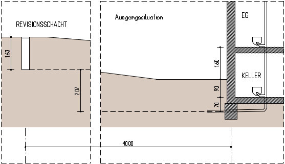 Technical sectional drawing: inspection shaft on the left, basement and ground floor with pipes.