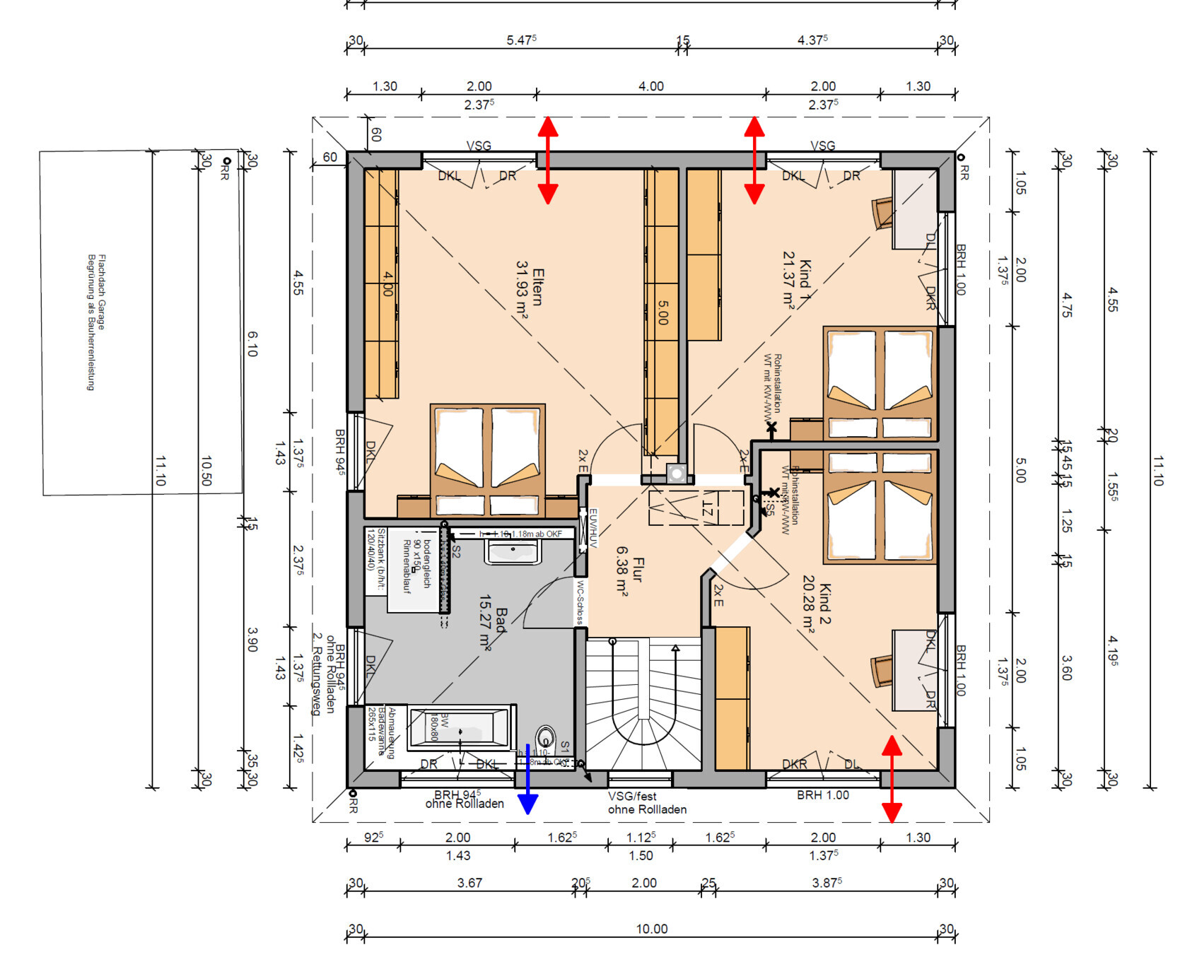 Floor plan of a family house with multiple rooms, bathroom, and kitchen; dimensions visible.
