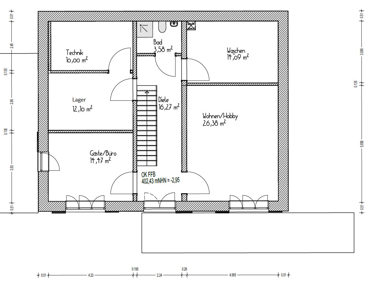 Floor plan of a house with staircase and technical room, storage, guest/office, hallway, bathroom, laundry, living/hobby room.