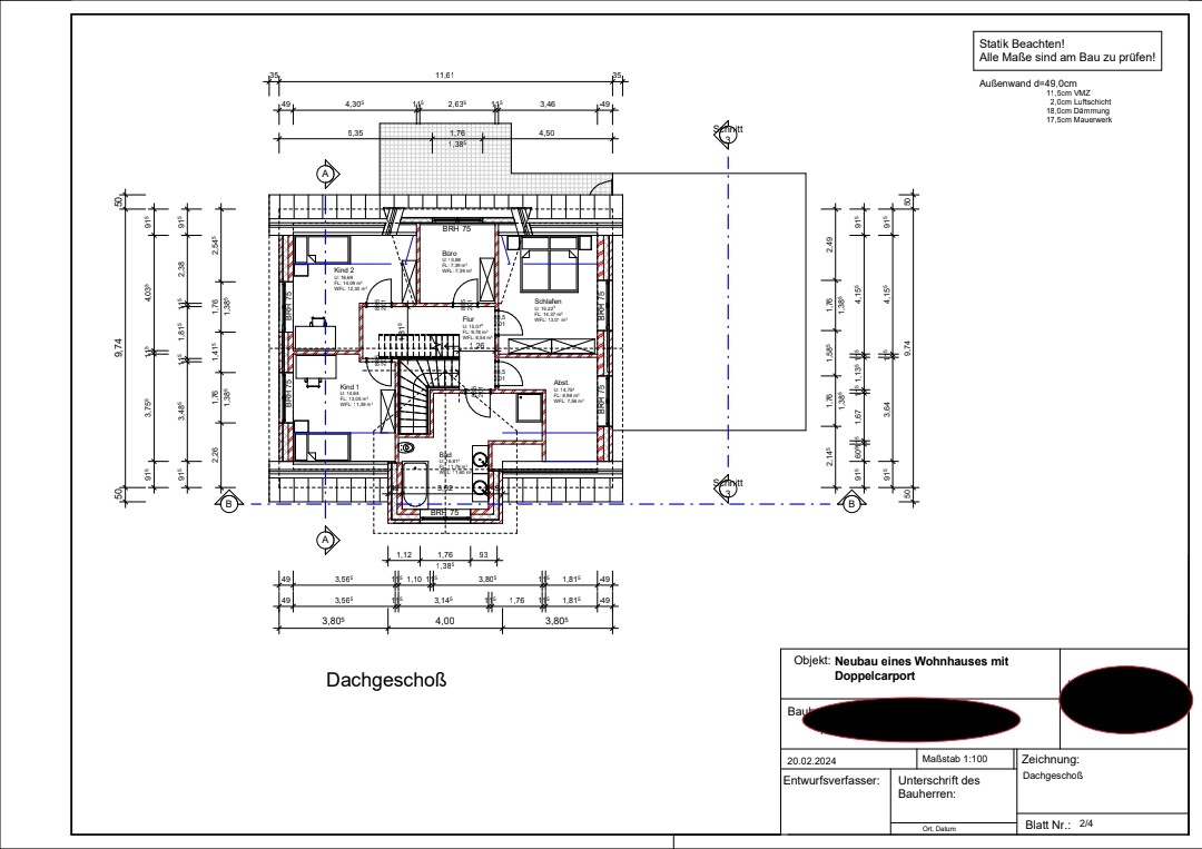 Upper floor plan of a residential house with double carport, scale 1:100